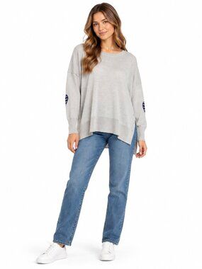 MERSEA Amour Sweater Gray Navy Heart Elbow Patches Open Side Button OS